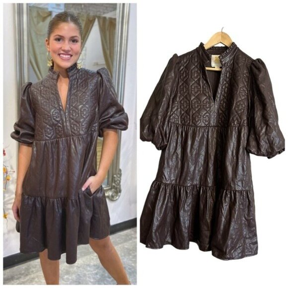 Emily McCarthy XXS Brown FX Leather Puff Sleeve Dress Matrix Steampunk Wet Look - Picture 15 of 16